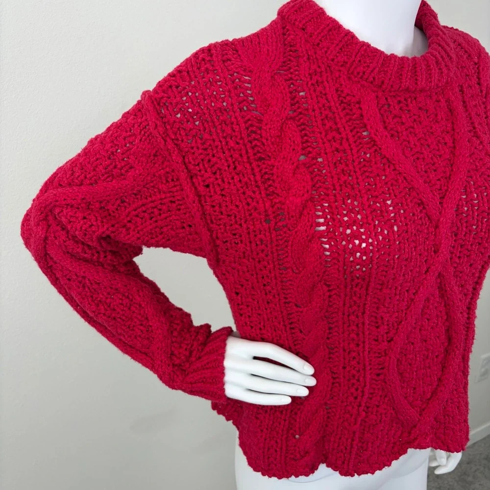 Free People Women Red Chunky Cable Knit Cotton Pullover Cropped Sweater Size S